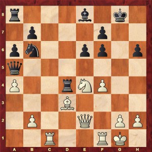 The position after White's 21st move (21.Ne4) Alekhine has sacrificed a pawn to weaken Black's kingside.